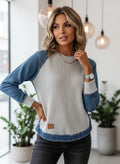 Women'S Casual Round Neck Denim Patchwork Sweatshirt