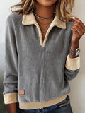 Women'S Lapel Contrast Corduroy Pullover Sweatshirt