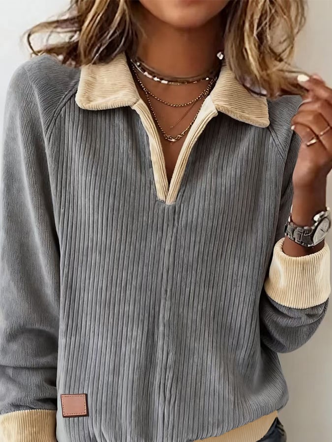 Women'S Lapel Contrast Corduroy Pullover Sweatshirt